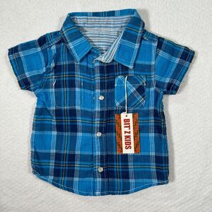 Bit'z Kids Short Sleeve Shirt Boy Size 6-12 Months Blue Gauze Plaid Reversible